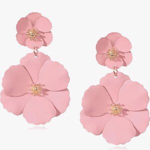 Pink Double Flower Blossom Post Earrings 2.5" Big Floral Blossoms Flowers New